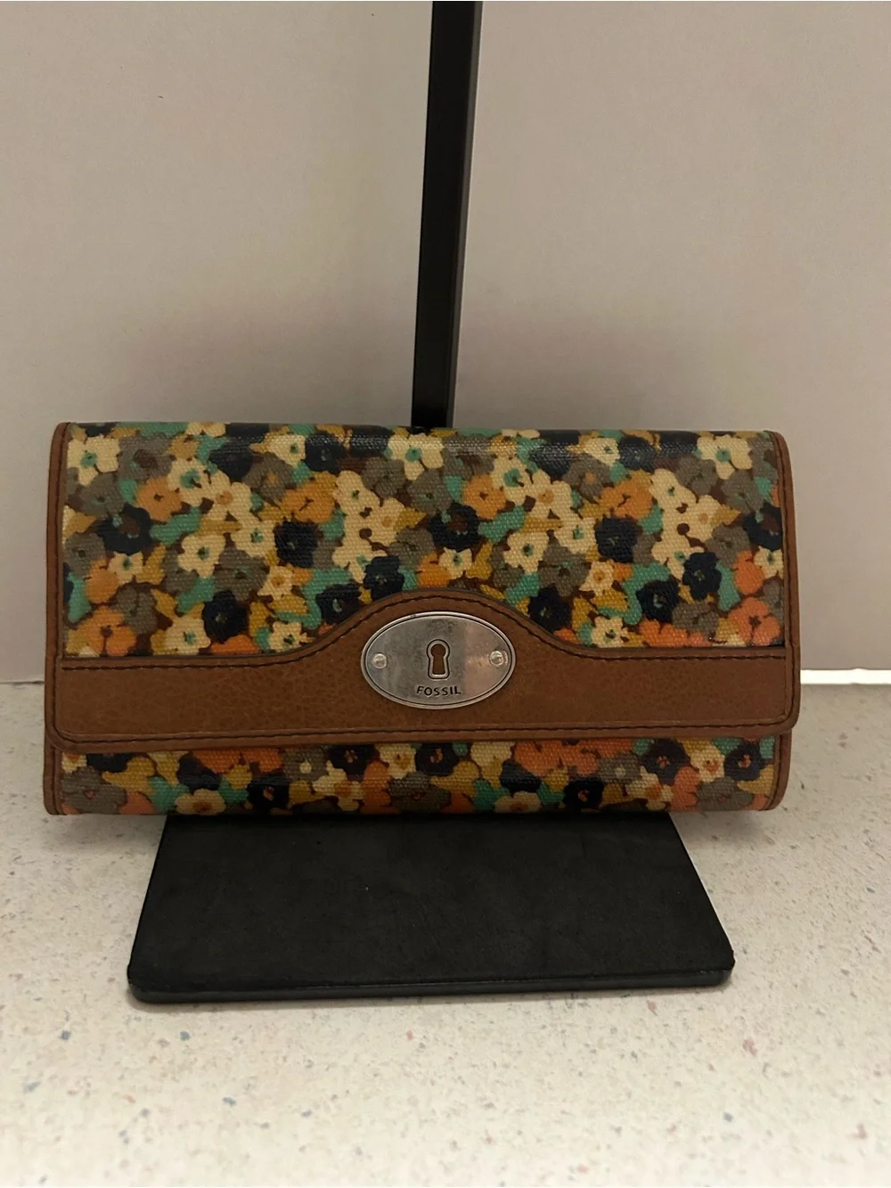 Fossil Floral Canvas Wallet with Brown Trim and Multicolor Print